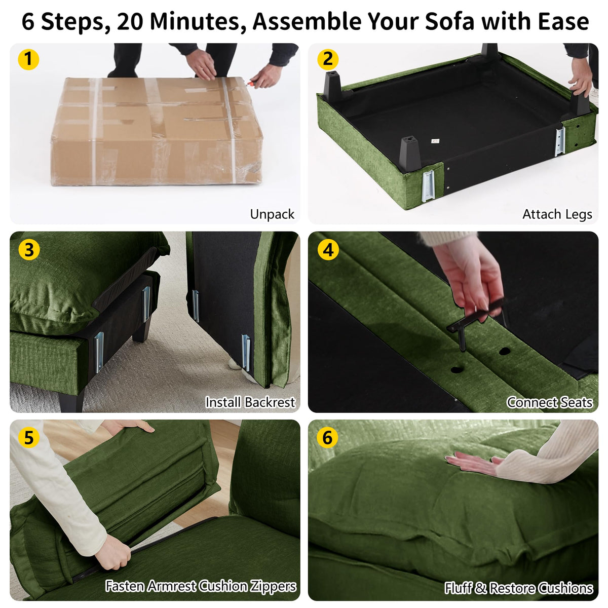 108'' Modular Sectional Couch, L-Shaped Chenille Cloud Sofa with Ottoman, Green Couch with Deep Seat for Living Room