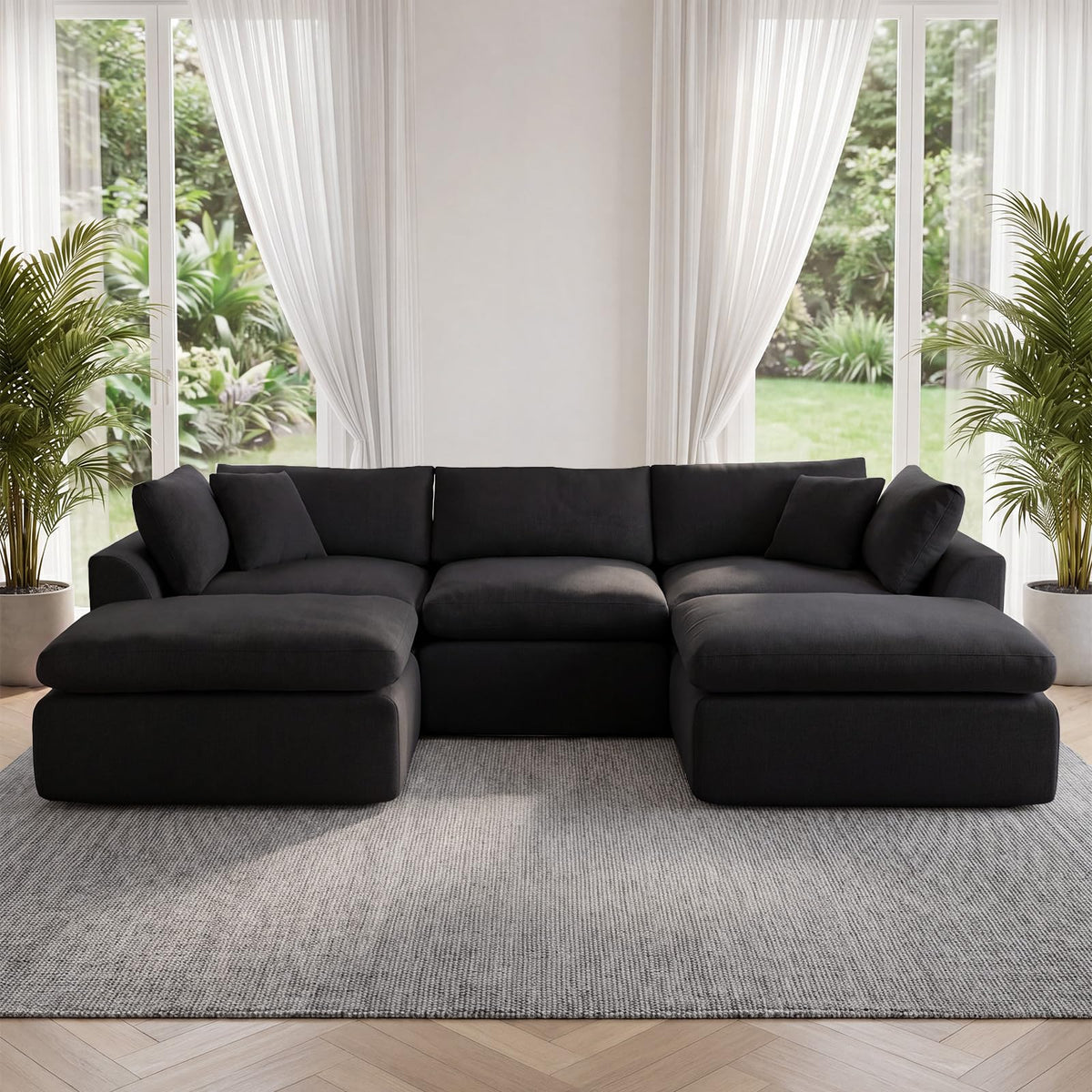 111" Boneless Sectional Couches for Living Room, 5 Seater Deep Seated U Shaped Cloud Couch with Ottomans, Chenille Compressed Modular Cloud Sofa Couch in a Box, No Assembly Required, Grey