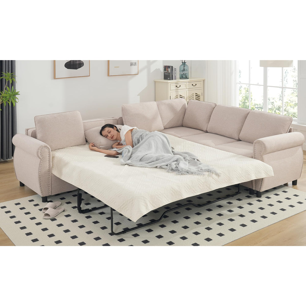 106.5" Pull Out Sofa Bed,L Shaped Modular 4 Seater Couch,2-in-1 Sleeper Sofa,Wireless Charging, USB Charging Ports,Memory Foam Mattress,Storage Space
