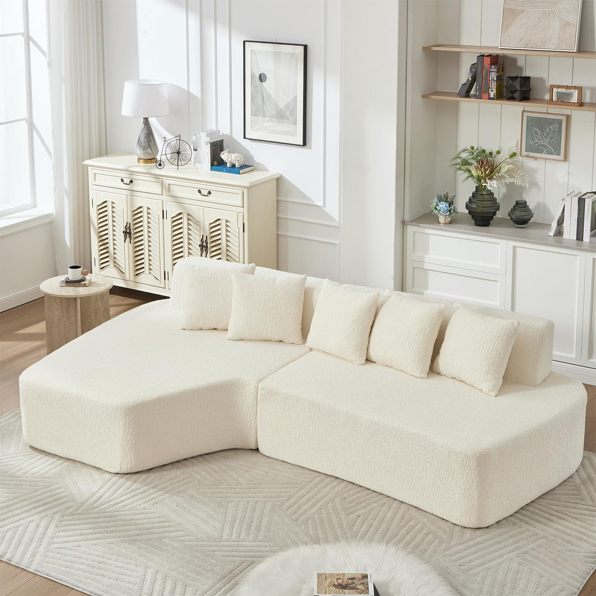 110.2" Minimalist Couches Sleeper with 5 Pillows and Comfy Chaise Irregular L-Shaped Compression Modular Sectional Sofa with Deep Seats for Living Room Apartment Lounge, Ivory