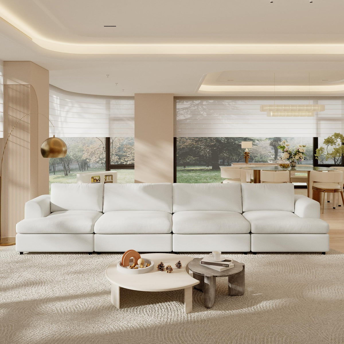 118" V Shape Sectional Sofa Couch, Modern Modular Boucle Cloud Couch with Flexible Layout, Oversized Comfy Upholstered Modular 5-Seats Sectional Couch, White