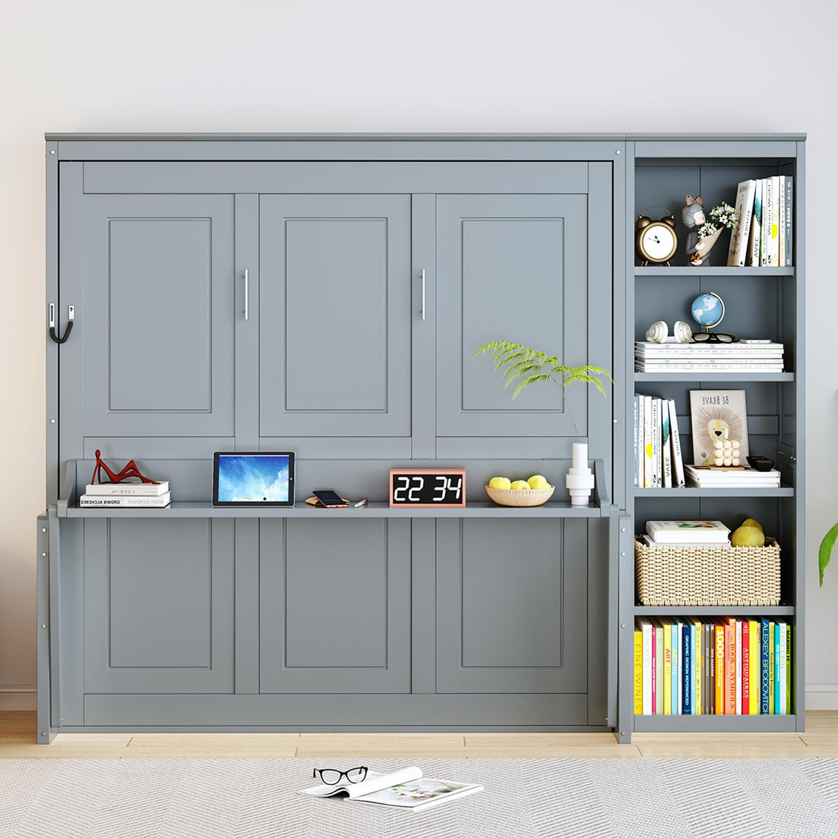 Wood Murphy Bed with Sofa, 4 Storage Shelves and USB Charging Station