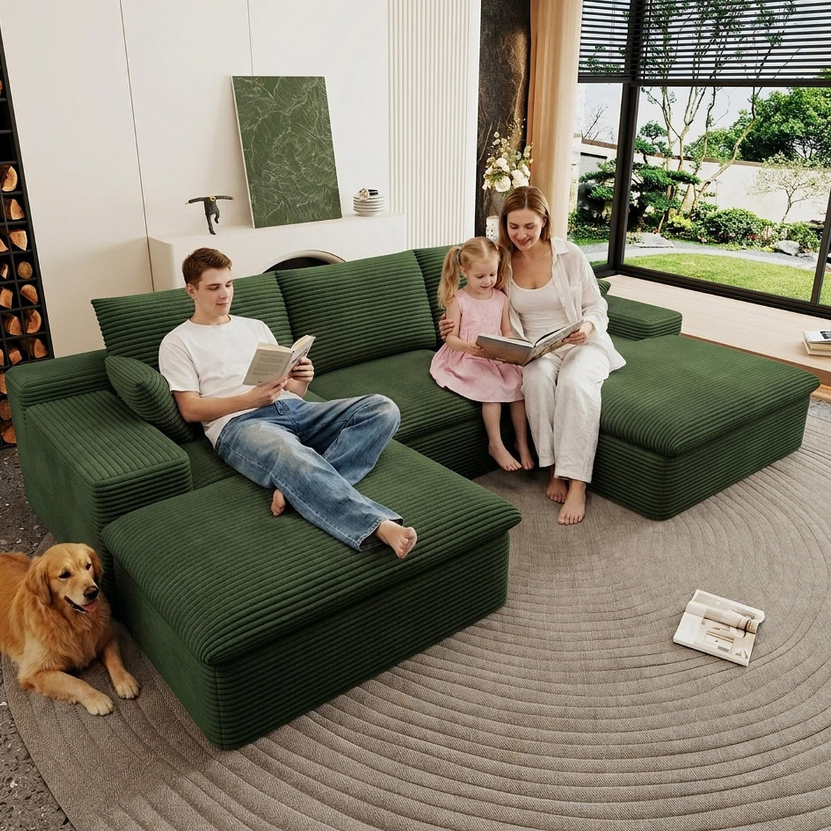 107" Cloud Couch Modular Sectional Couchs with Chaise Lounge, U-Shape Boneless Couches with Ottoman for Living Room, Corduroy Sofa with Deep Seat, No Assembly Required (Green, Left Facing Chaise)
