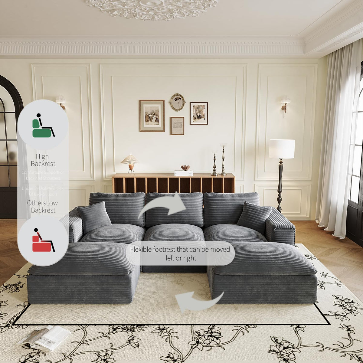 108" Cloud Sectional Couch with L Shape Chaise, Left Right Interchangeable,Modular Sofa with Deep Seat, Upholstered Couches for Living Room Bedroom,No Assembly Required, Soft Plush Corduroy Fab NV223