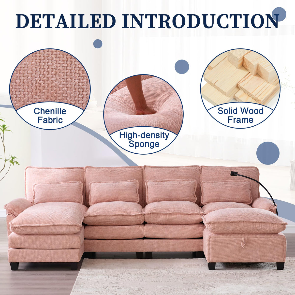106" U Shape Sectional Sofa Cloud Couch for Living Room, Upholstery Comfy Modular Sofas, 4 Seat Chenille U Shaped Sleeper Sofa with Chaise Lounge, Ottoman Pillows