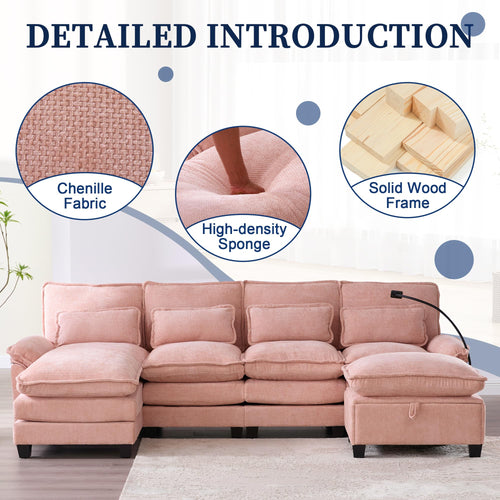 106" U Shape Sectional Sofa Cloud Couch for Living Room, Upholstery Comfy Modular Sofas, 4 Seat Chenille U Shaped Sleeper Sofa with Chaise Lounge, Ottoman Pillows