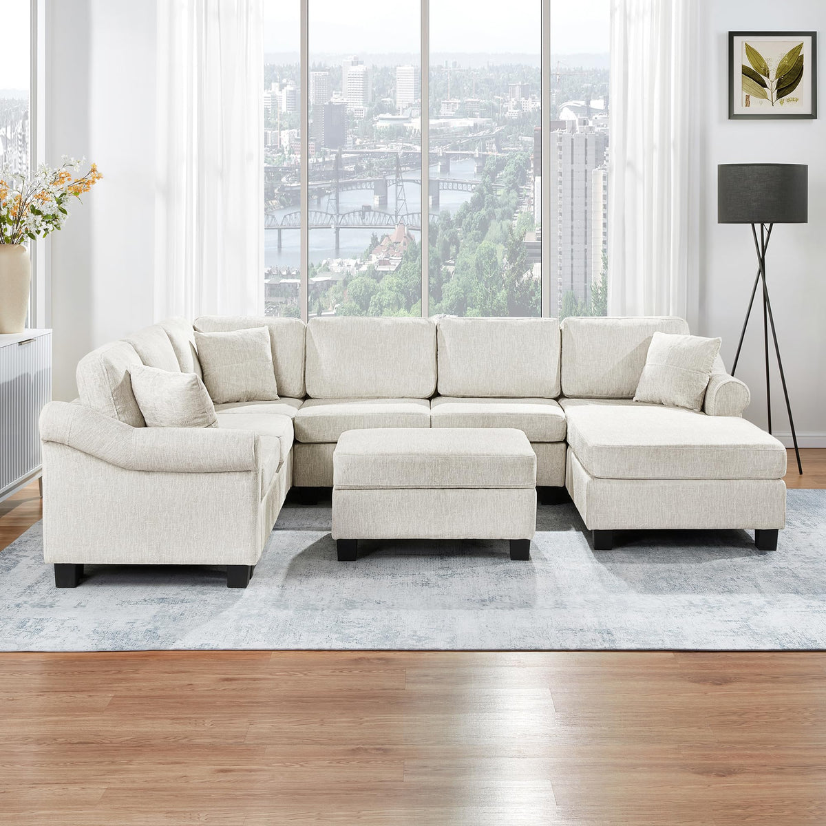 119*67" U Shaped Sectional Sofa,6 Seat Chenille Corner Couch Set with Oversized Chaise Lounge,Irregular Corner, Deep and Wide Seat Comfy Sofa with Cup Holders for Living Room,Apartment (Beige-V33)