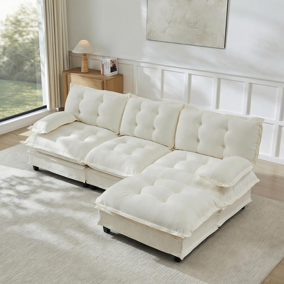 U Shaped Modular Sectional Sofa - 108" Chenille Cloud Deep Seat Couch with Ottoman, 5-Seat Comfy Lattice Decored Seat Cushion for Living Room, Apartment,Light Coffee