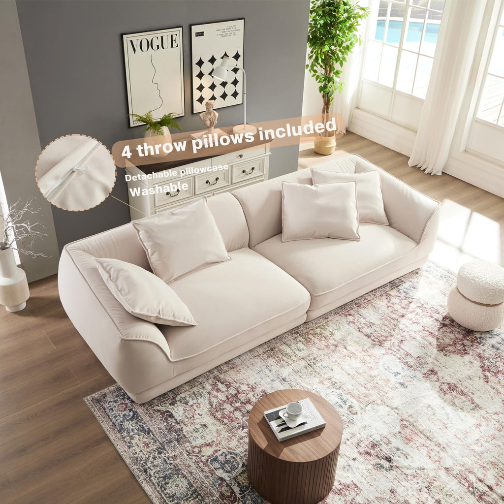 110" Modern Velvet Sofa, Luxury Curved Couch, Comfy Fluffy Cloud Sofa Deep Seat, Oversized Modular Sectional Sofa, Minimalist Memory Foam Upholstery Sofa for Living Room Office Apartment, Beige