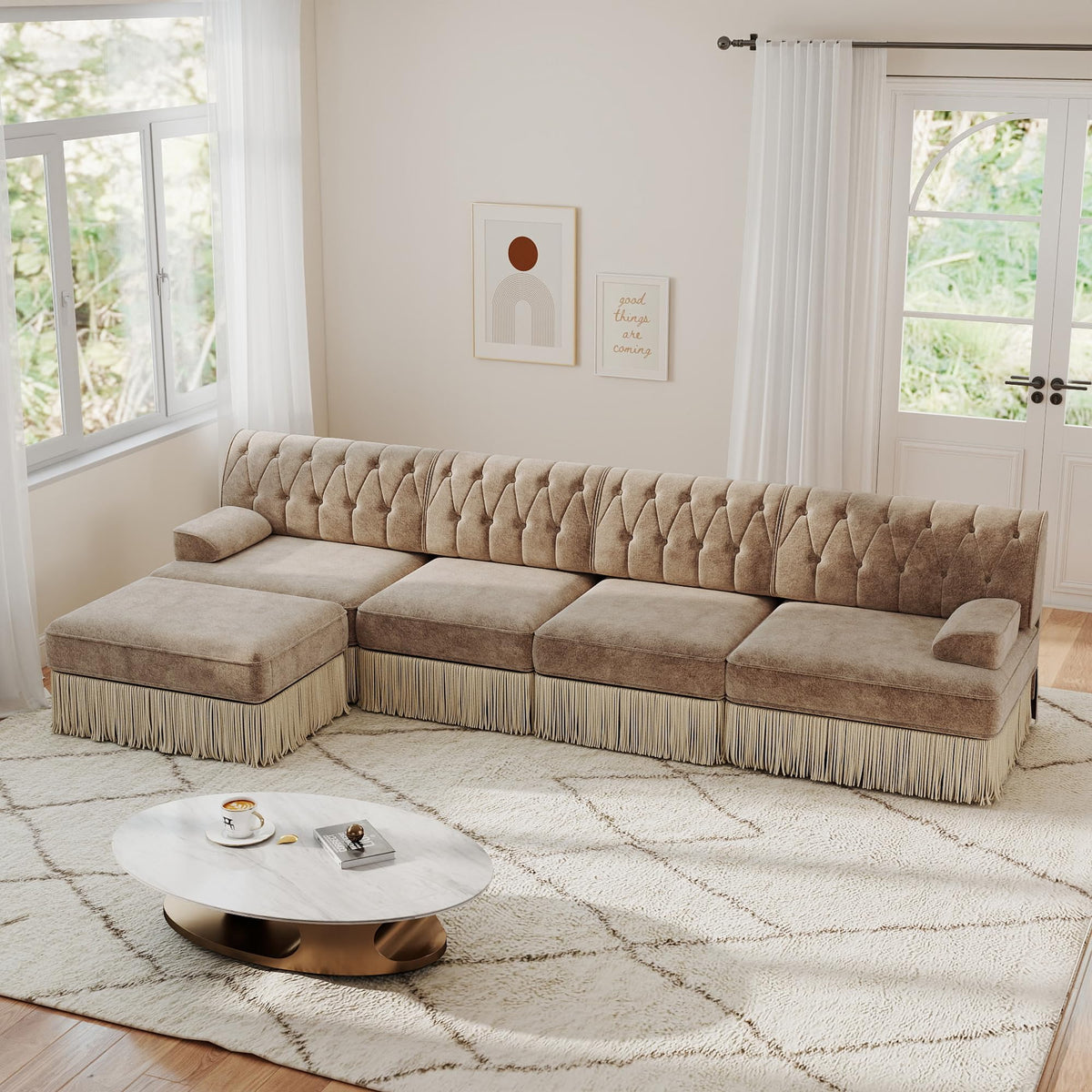 Unique Chesterfield Style Modular Sectional Sofa, 135.6” L-shaped Boneless Sofa with Velvet Fabric, Floor-grazing Tassel Fringe Skirt and Button Tufted Design for Living Room, Easy to Assemble, Beige