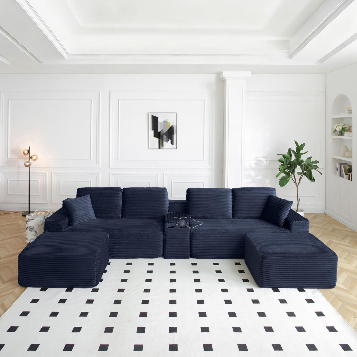 125" U Shaped Sectional Couch,Boneless Cloud Couch Featuring USB Ports,Cup Holders & Storage.Made of Corduroy Fabric and Features Two Movable Sofa Modules for Flexible Living Room Layouts. (Gray)
