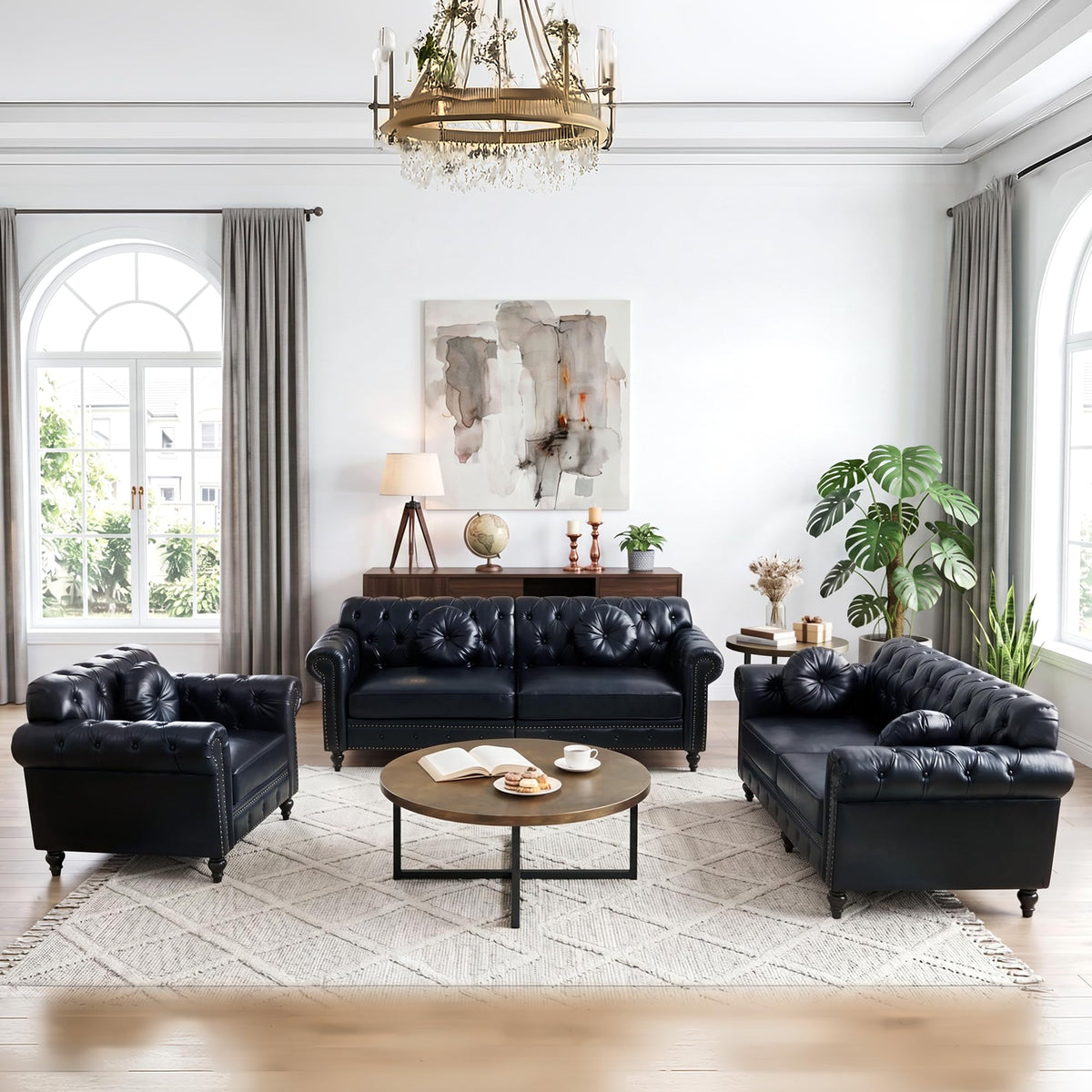XUZENEST 3-Piece Chesterfield Sofa Set with 3-Seater Sofa&Loveseat&Chair