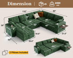 Vipbear 111" Sofa Bed, 7 Seat Modular Sectional Sleeper Sofa with Pull Out Bed, Chenille L Shaped Couch with Storage Ottoman|Cup Holders|Side Table|LED Light|USB Ports, Easy Assembly, Green