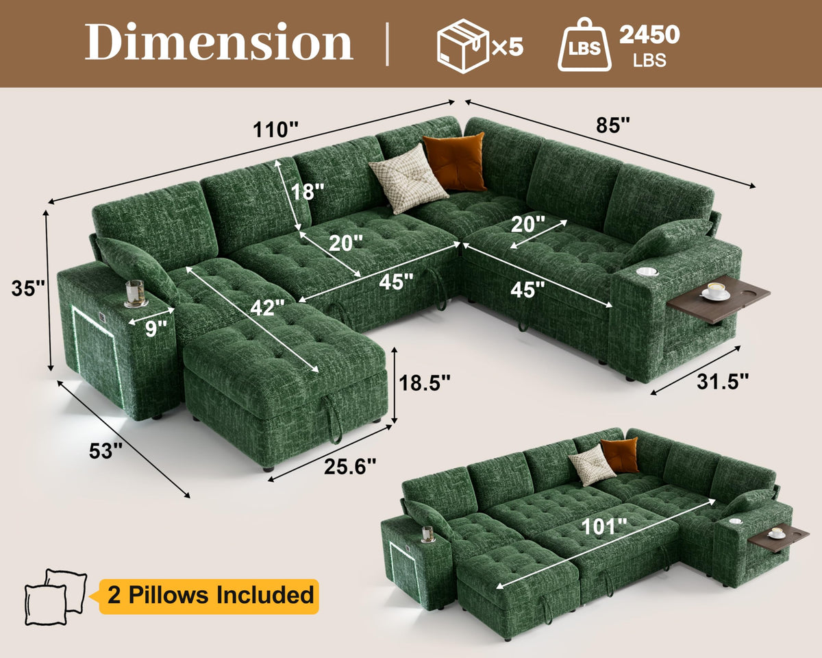 Vipbear 111" Sofa Bed, 7 Seat Modular Sectional Sleeper Sofa with Pull Out Bed, Chenille L Shaped Couch with Storage Ottoman|Cup Holders|Side Table|LED Light|USB Ports, Easy Assembly, Green
