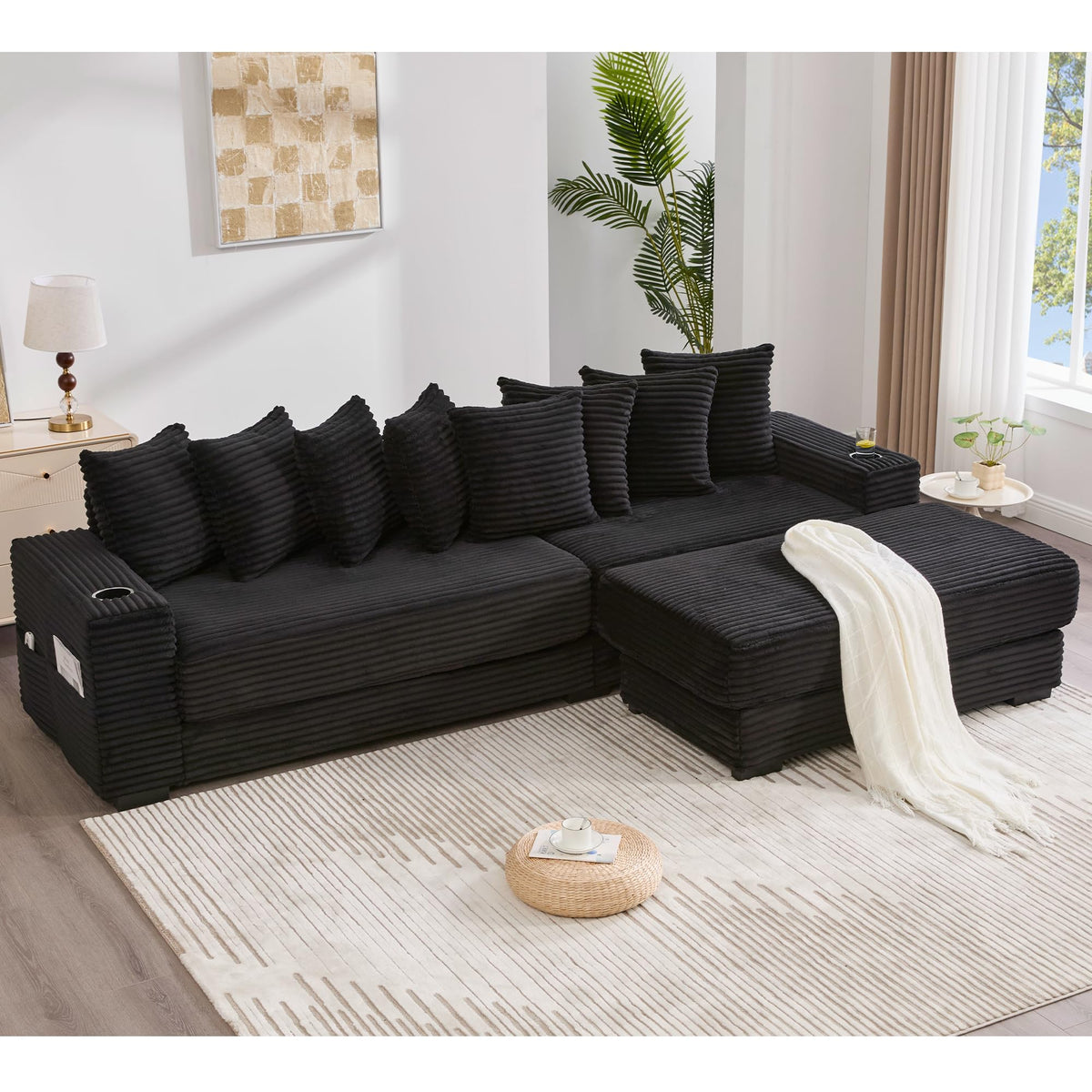 110.75'' Sleeper Sofa Bed King, Corduroy Modular Sectional Sofa, Black
