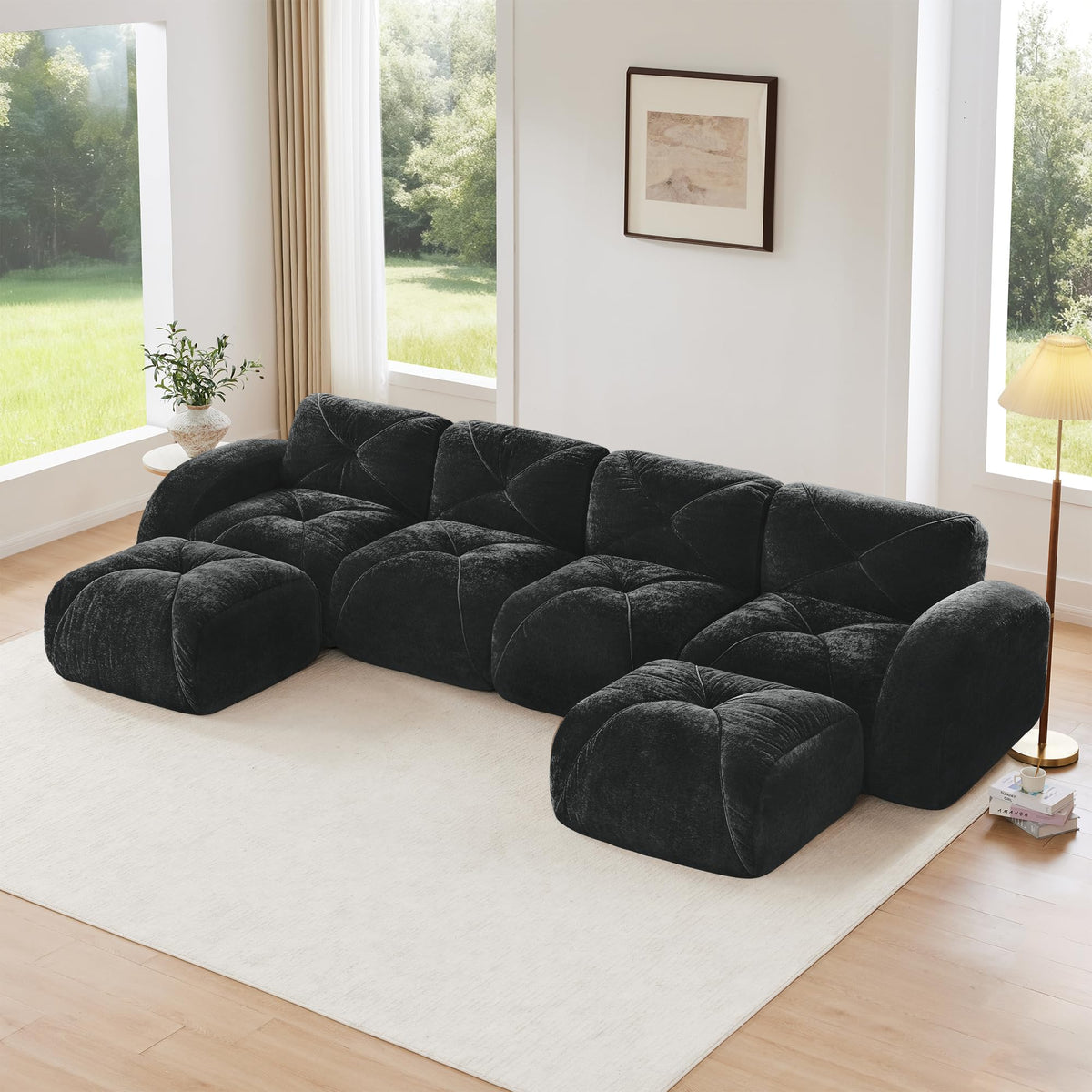 U-Shaped Boneless Sofa, Tufted 32d High Density Sponge Bottom, Anti-Slip Design, No Assembly Required, Free Combination, Movable Ottomans for Living Rooms, Home Theater, Blue