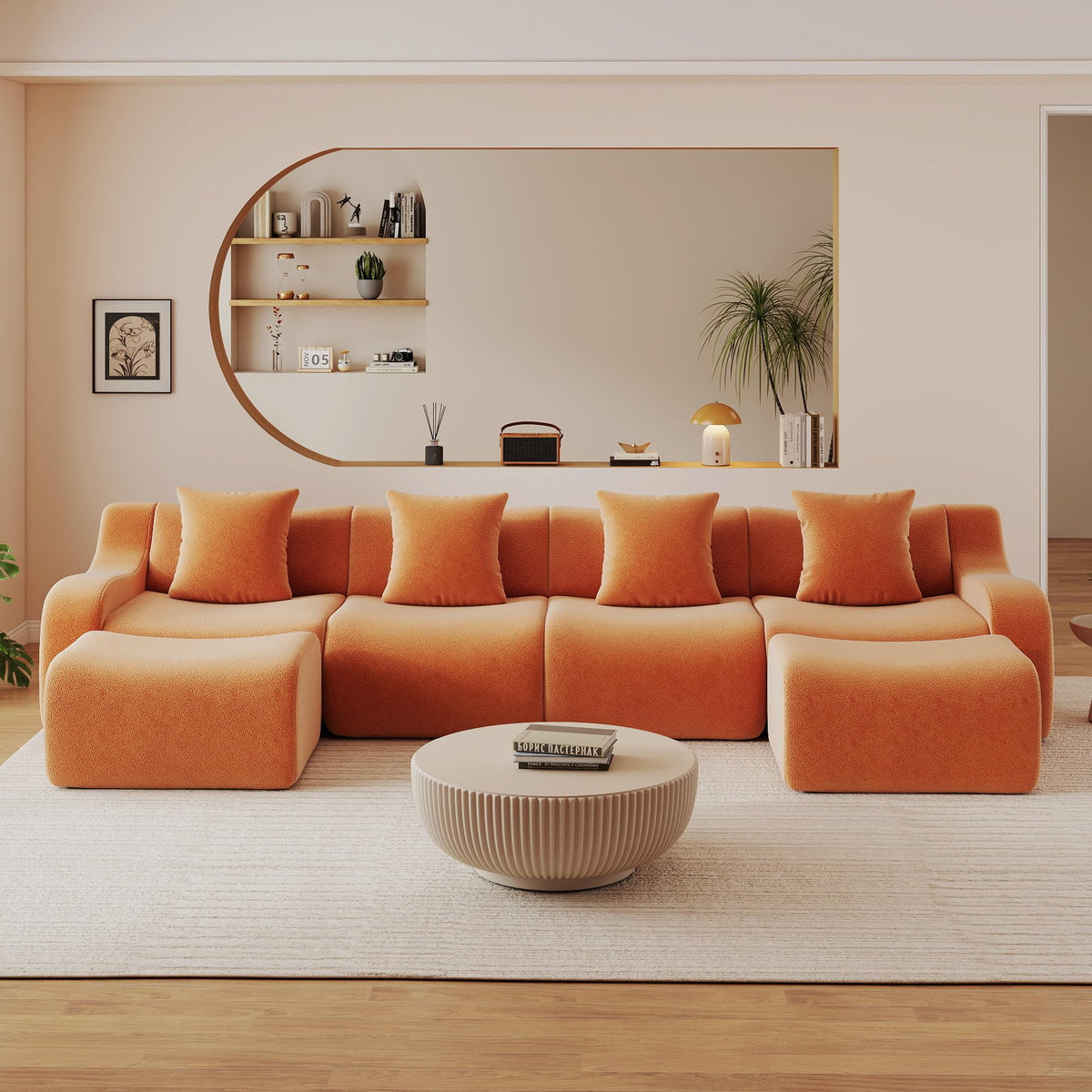 115.3" Modular Sectional Couches for Living Room, Teddy Deep Seat Sofa, 3 Seater Boneless Couch with 2 Ottoman,Orange