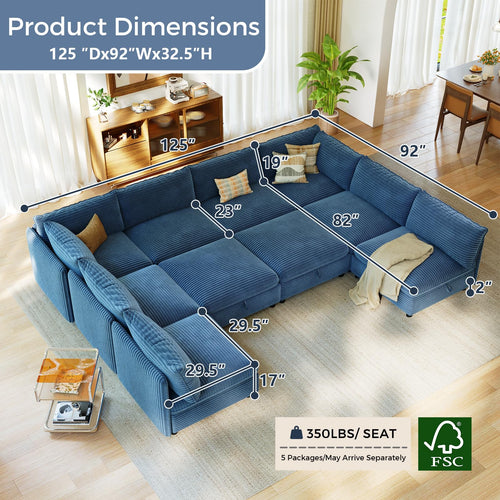 10 Seat Oversized Modular Sectional Couch Bed with Hidden Storage and Movable Ottomans Corduroy Upholstered Deep Seat for Sectional Couches for Living Room Bedroom, Blue