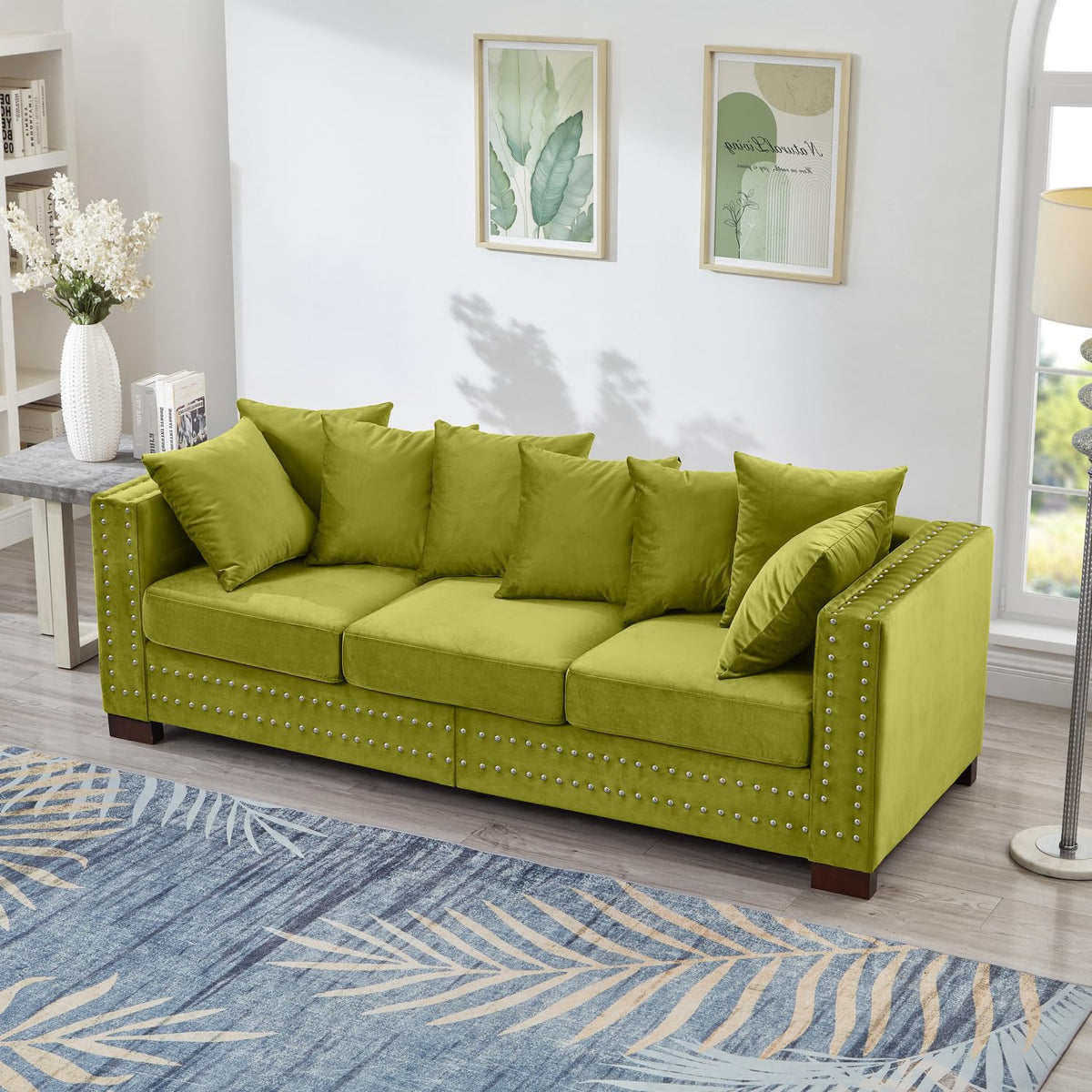 Velvet Upholstered Living Room Sofa with Square Armrest and Storage Green