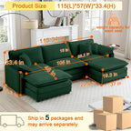 115" Oversize Modular Cloud Couch Sectional - Deep Seat U-Shaped Sofa, 3 Seats with 2 Ottomans,Pet-Friendly Fabric,Green Corduroy