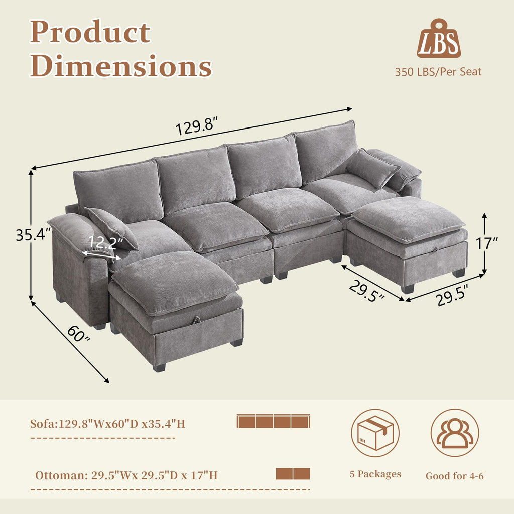 130" Modular Sectional Sofa with Storage, Premium Chenille Cloud Couch with Movable Ottomans, 1200lbs Heavy Duty Deep Seat Sectional, High-Density Foam (Light Gray, 4 Seater & 2 Ottoman)