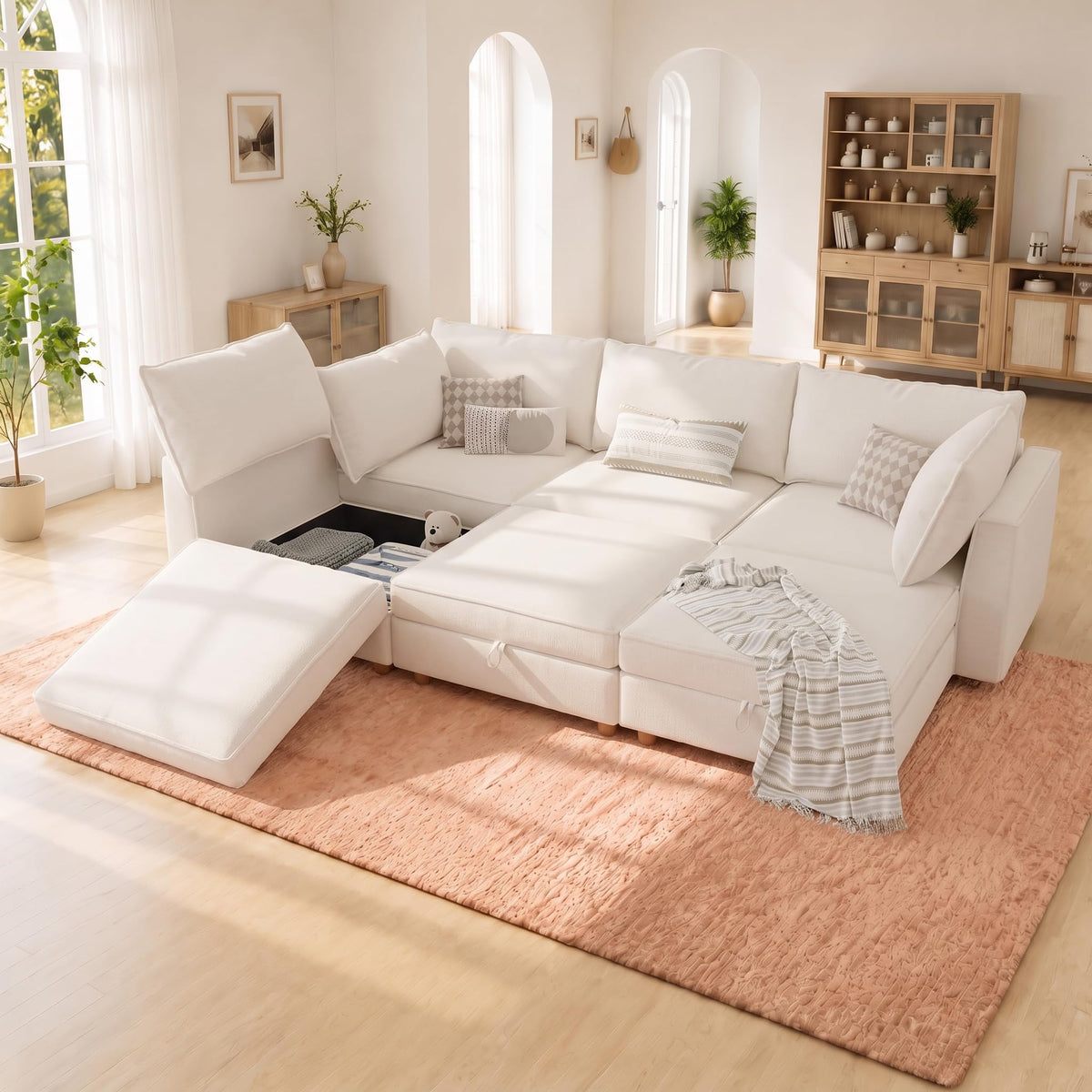 125" Chenille Modular Sectional Sofa Bed Hidden Storage, Convertible L U Shaped Sleeper Couch, 8 Seat Modern Modular Sectional Sofa with Removable Covers & Ottoman Chaise, for Living Room, Beige