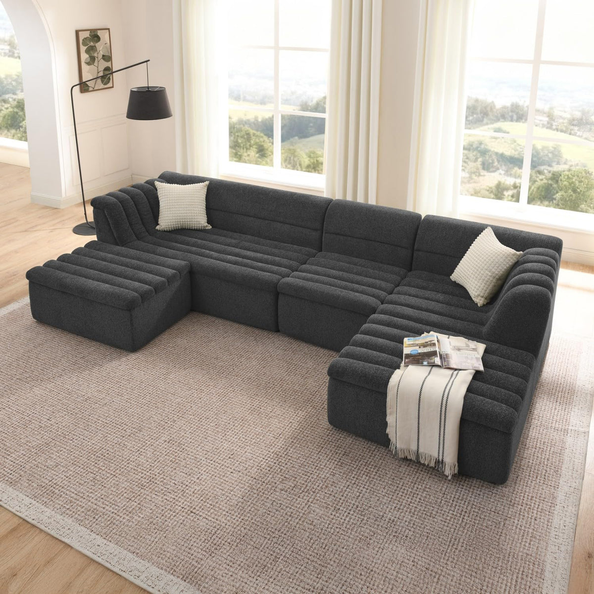 XIAO WEI 106" Modular Sectional Sofa with Chaise, Sage Green Chenille Fabric L-Shaped Couch with Wave-Shaped Armrests, Modern Minimalist Boneless Floor Sofa for Living Room, Apartment & Playrooms