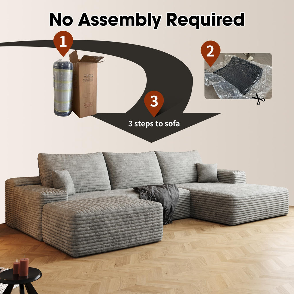 107" Plush‑Fabric Multi‑Functional Sectional Sofa, Upholstered Sleeper with Deep Seat, Free Combination Couch with Movable Ottoman for Living Space, Grey