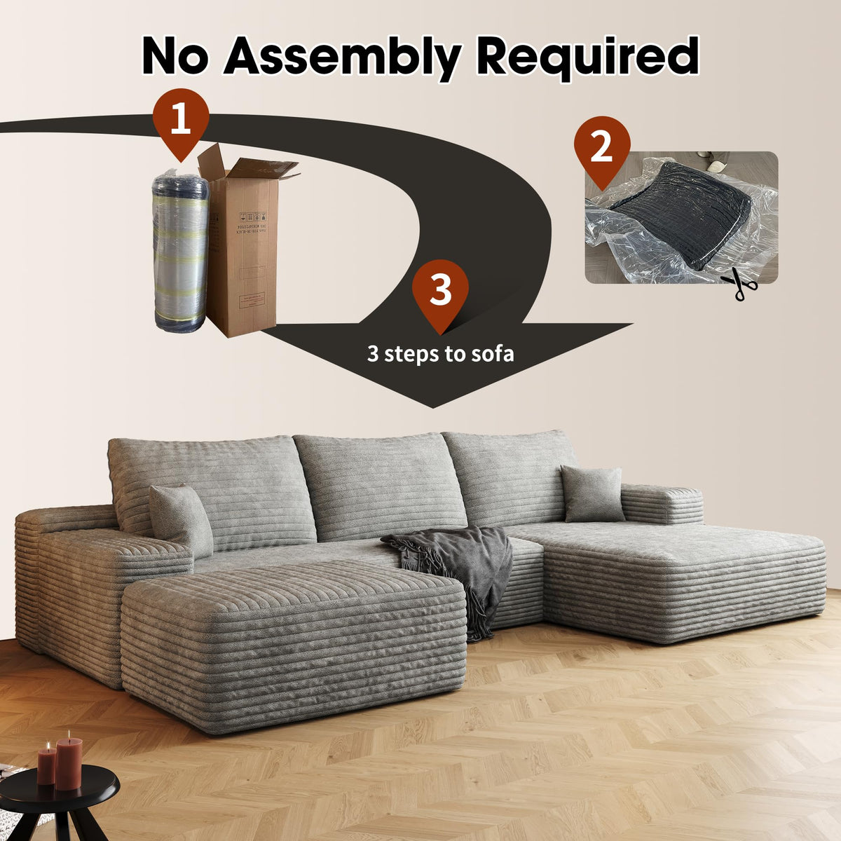 107" Plush‑Fabric Multi‑Functional Sectional Sofa, Upholstered Sleeper with Deep Seat, Free Combination Couch with Movable Ottoman for Living Space, Grey
