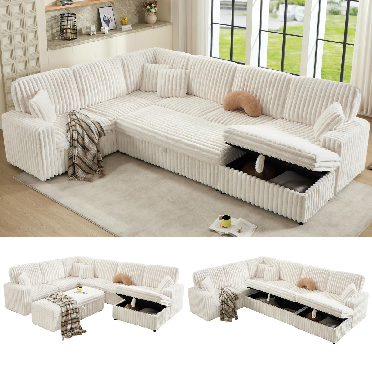 130" Sectional Couches for Living Room,Sectional Couch with Storage,Black