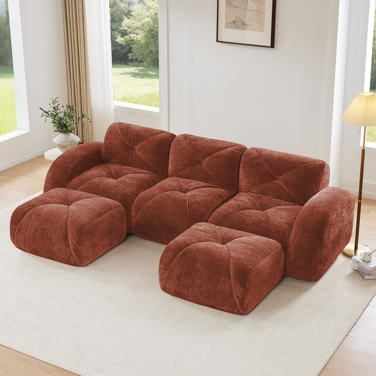 U-Shaped Boneless Sofa, Tufted 32d High Density Sponge Bottom, Anti-Slip Design, No Assembly Required, Free Combination, Movable Ottomans for Living Rooms, Home Theater, Blue