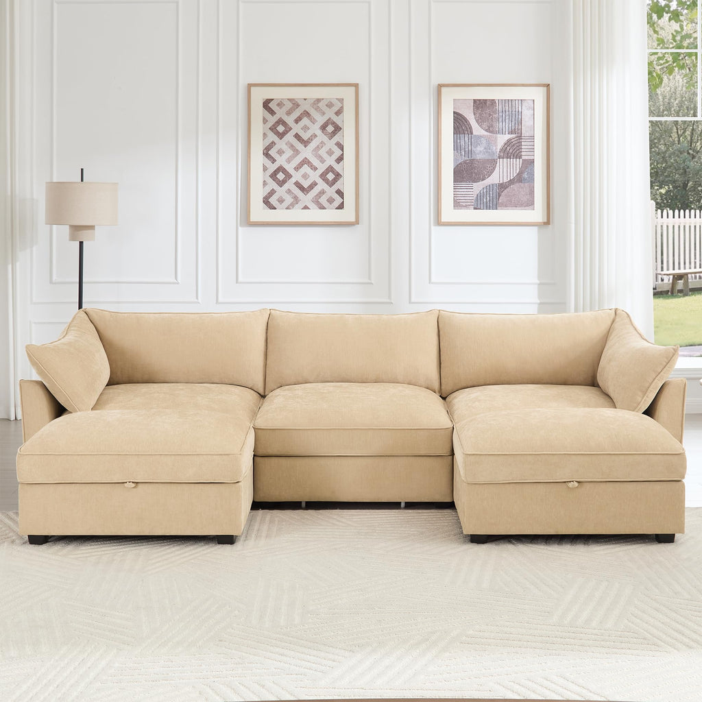 U Shaped 3 Seater deep seat Sofa with footstools Including 2 movablefootstoolsshapedarmrests,andwraparoundback and arm Cushions,with a Pull Out Storage Drawer Under Each seat Chenille Wheat