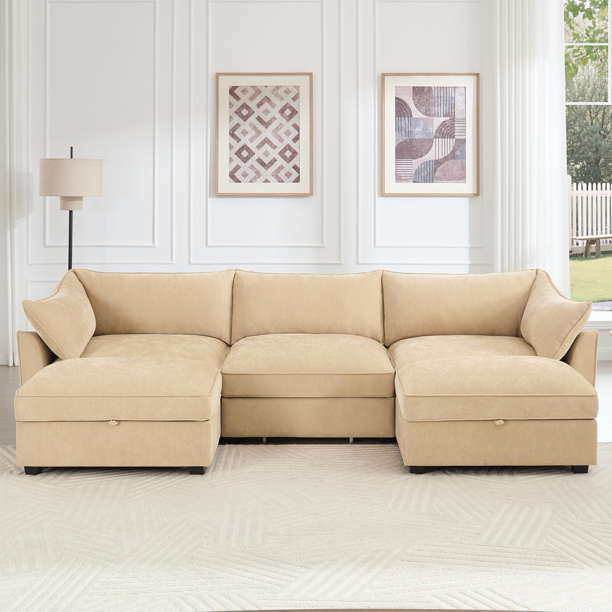 U Shaped 3 Seater deep seat Sofa with footstools Including 2 movablefootstoolsshapedarmrests,andwraparoundback and arm Cushions,with a Pull Out Storage Drawer Under Each seat Chenille Wheat