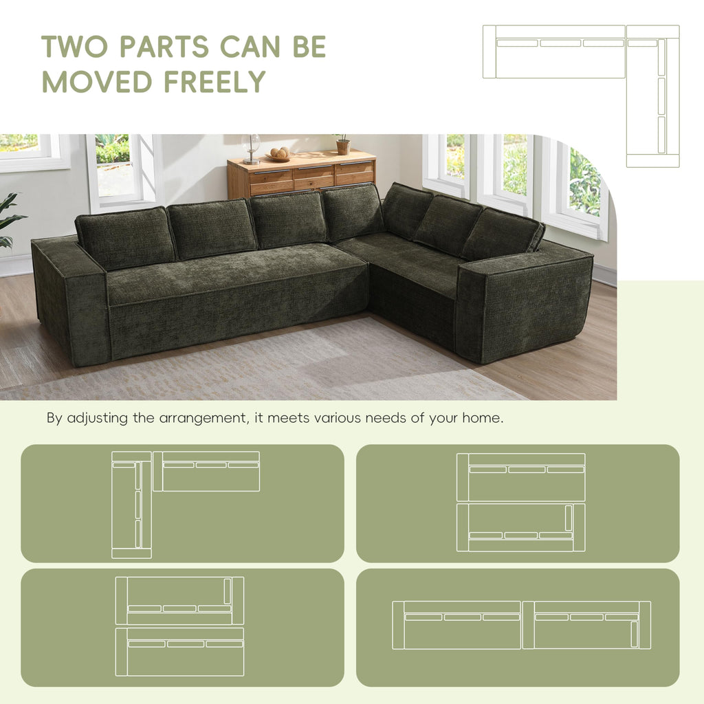 130" Ultra-Thick Chenille Modern Minimalist Style Modular Sectional Couch, Convertible Modular Cloud Sleeper Sofa, Modern Boneless Compressed Floor Sectional Sofa for Living Room, Green