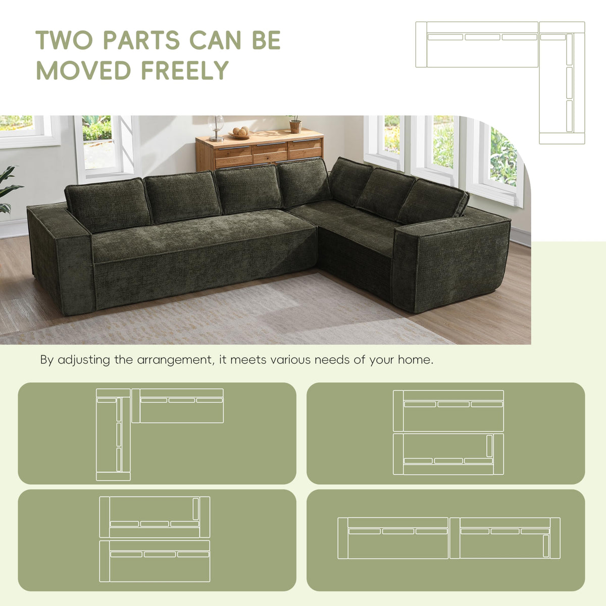 130" Ultra-Thick Chenille Modern Minimalist Style Modular Sectional Couch, Convertible Modular Cloud Sleeper Sofa, Modern Boneless Compressed Floor Sectional Sofa for Living Room, Green