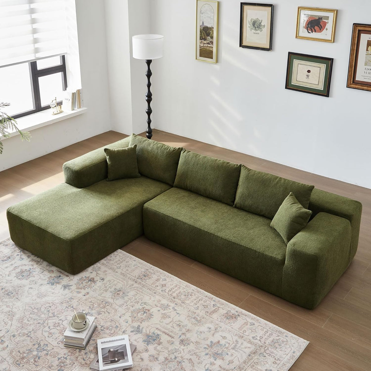 104" L-Shape Modular Sectional Sofa Couch,Comfy Upholstered Cloud Couch for Living Room,Modern Minimalist Couches,Deep Seat,No Assembly Required (Black,Plush Corduroy, Right Facing Chaise w/Ottoman)