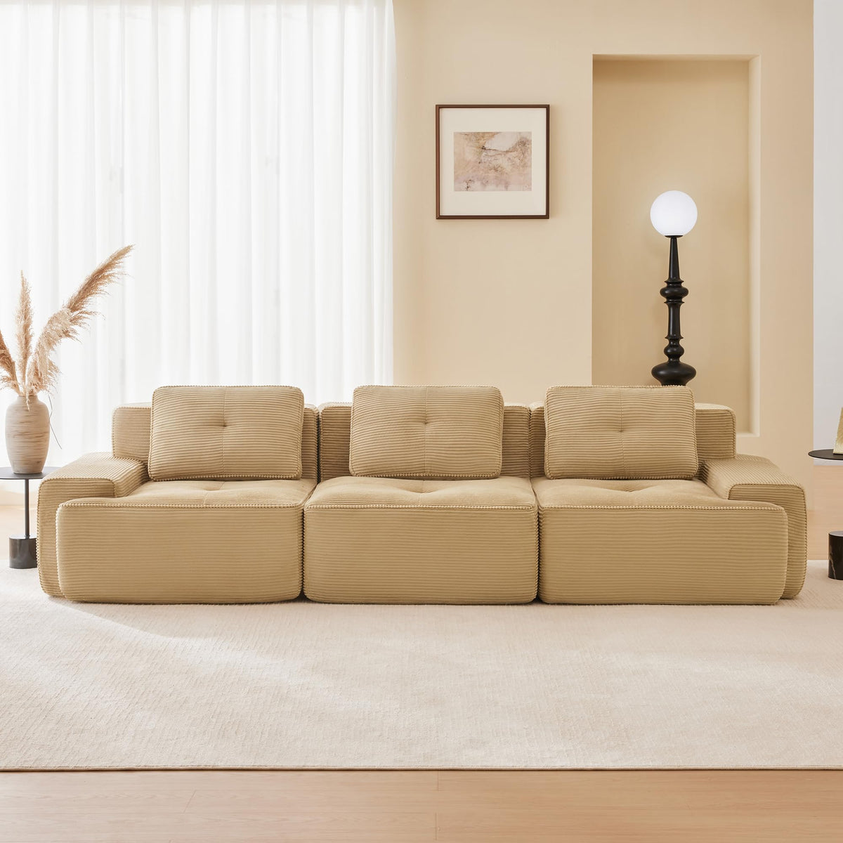 115.3” Camel Boneless Couches for Living Room, Modular Sectional Sofa with L-Shape Chaise, 3 Seater Comfy Upholstered Deep Seat Corduroy Fabric Cloud Couch No Assembly, Anti-Slip Design