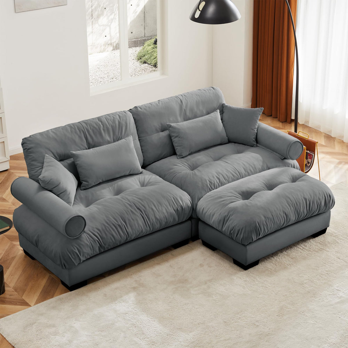 130" Modular Sectional Sofa,Velvet Upholstered Couches for Living Room,3 Seater Green Sofa Couch with Movable Ottoman,Big Comfy Loveseat Sofa with Deep Seats for Living Room,Apartment,Bedroom