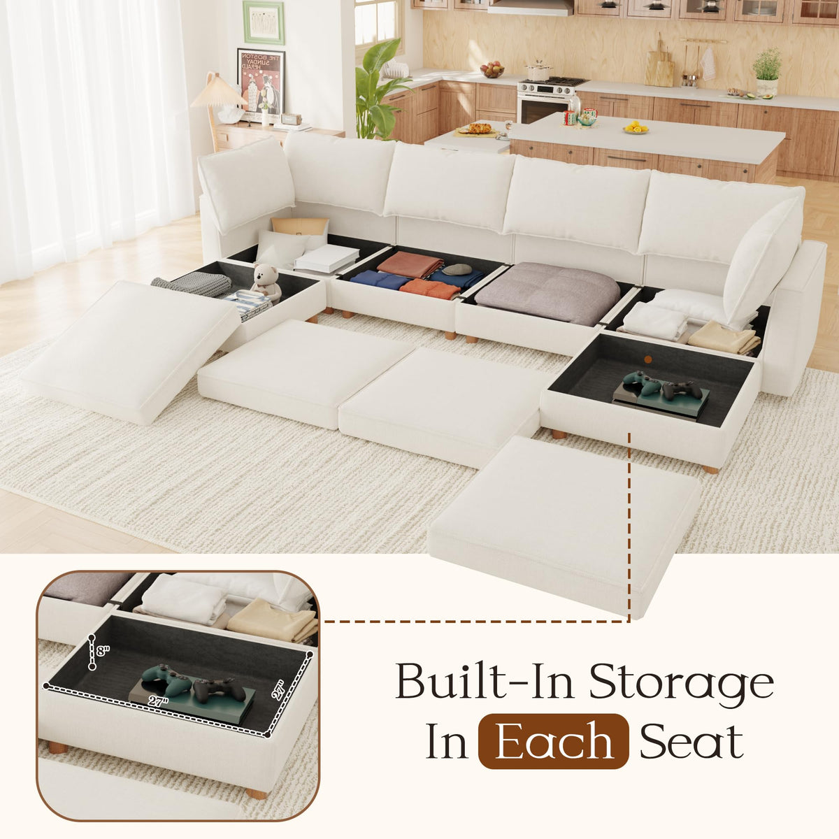 127'' Modular Sectional Sofa,FSC Certified 6 Seater Sectional Sofa,Chenille Couch with Removable Washable Covers,Modern Couch with Ottoman,U Shaped Couch with Storage,Beige Couches for Living Room