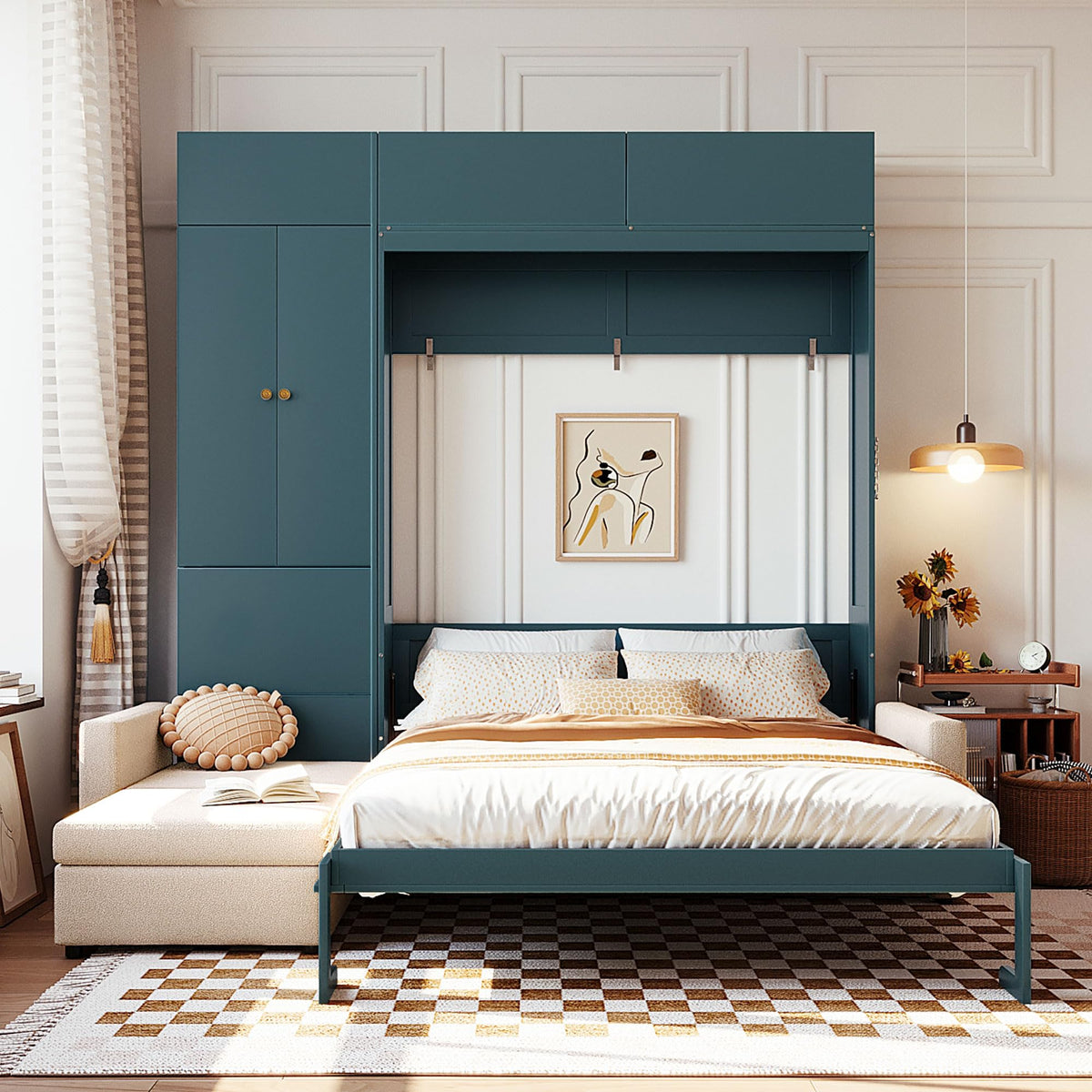 Wood Murphy Bed with Sofa, 4 Storage Shelves and USB Charging Station