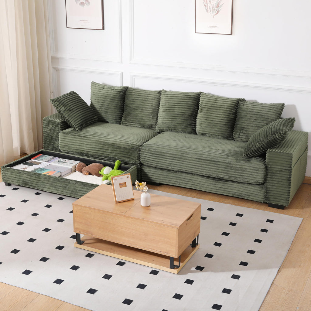 108.6" Sectional Sofa, Thickened Corduroy Sectional Couches for Living Room,Comfortable L Shaped Chaise Sectional Sofa with Storage Ottoman,Eight Throw Pillows,Green