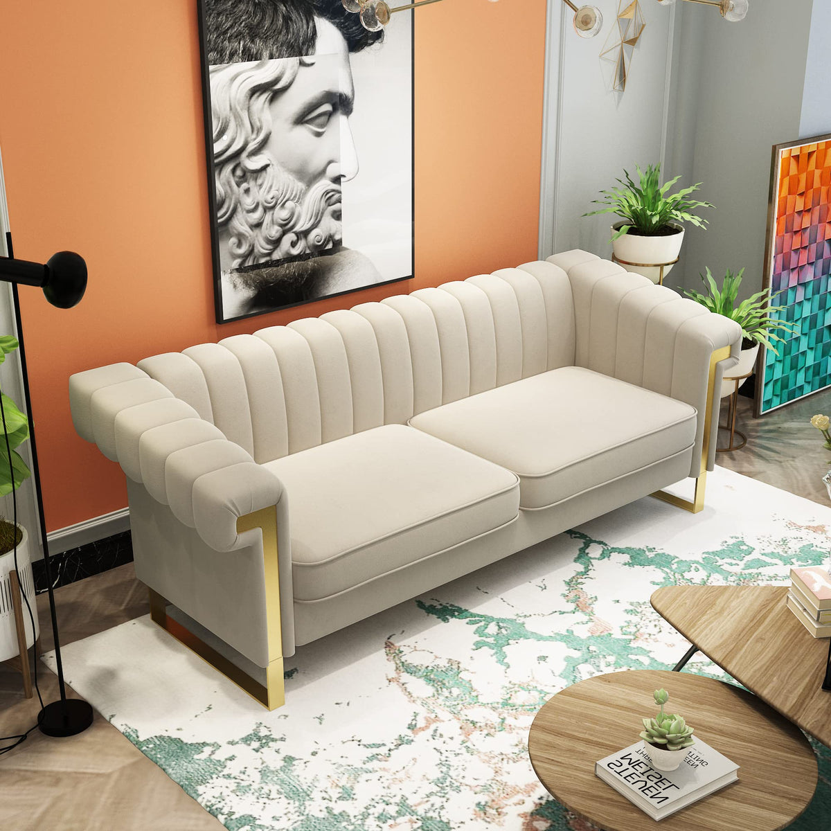 Tomkate 84" Chesterfield Sofa, Modern Velvet 3-Seater Couch with Gold Metal Legs & Removable Cushions, Upholstered Comfy Sofa with Stainless Steel Base for Living Room, Bedroom, Office (Green)