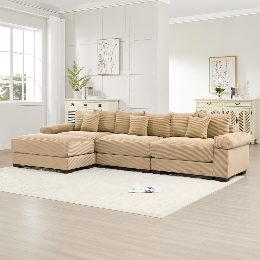 130" Oversized Modular 3-Seater Sectional Sofa, Cloud Corduroy Fabric with Extra-Thick Armrests, Ergonomic Deep Seat Couch for Living Room, Easy Assembly Sofas for Living Room(Cream)