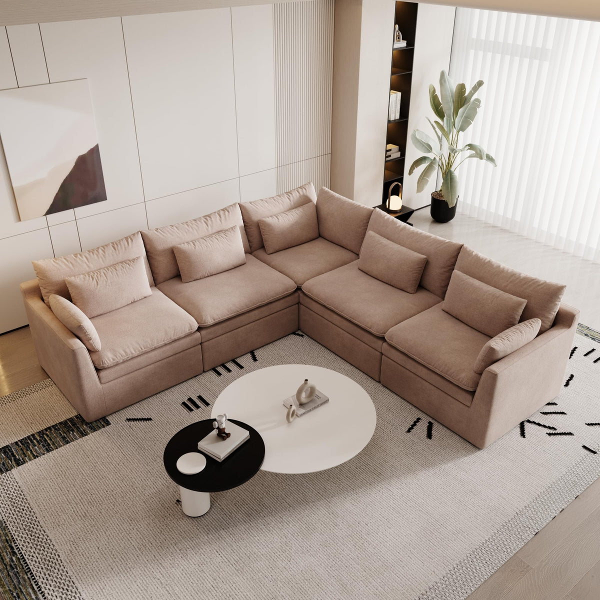 120" Cloud Couch Modular Sectional Sofa for Living Room, 3-Seater with Ottoman, Modern Sofa with Small Pillows Deep Seat L Shapedd Couch Covers Removeble Comfy Linen Khaki