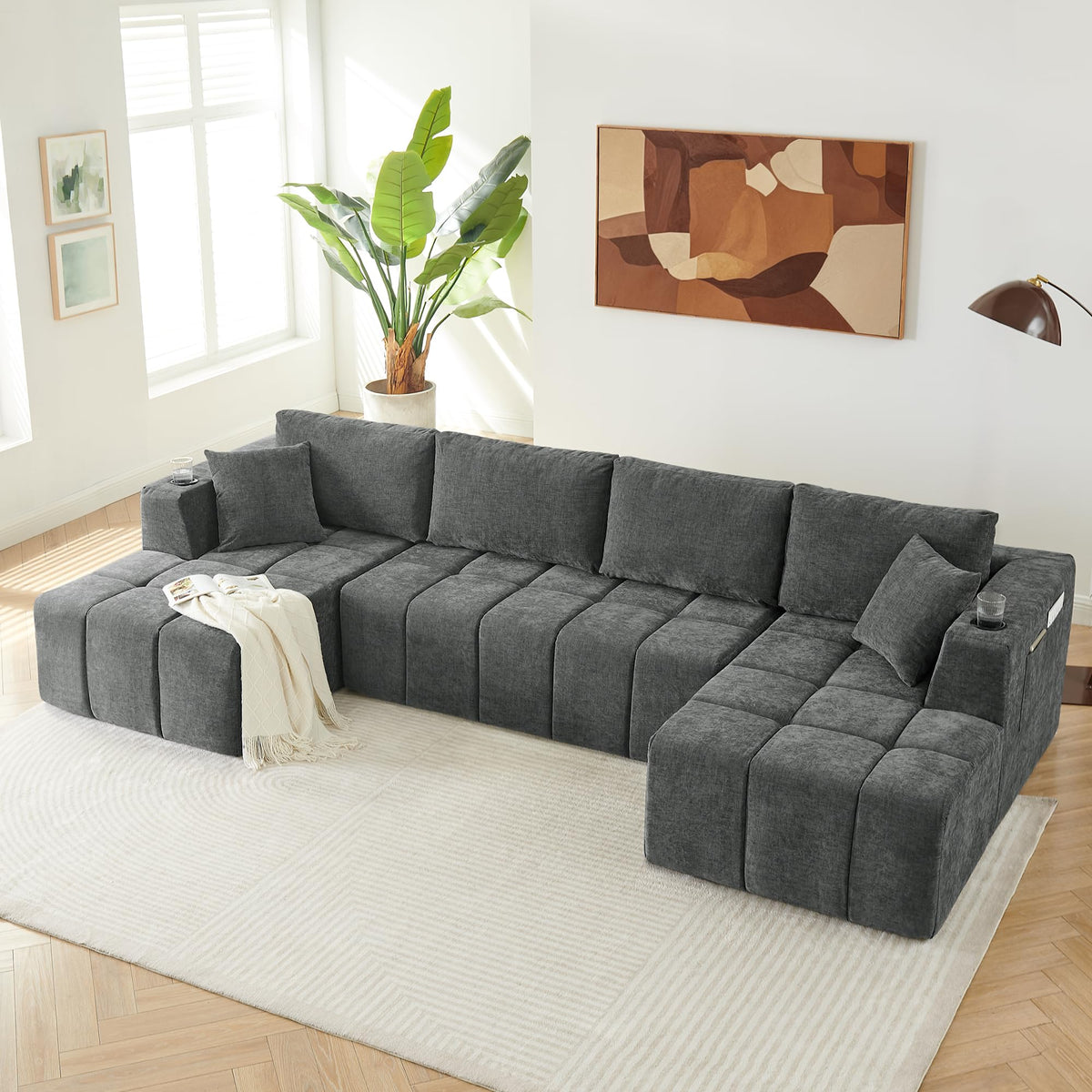 132" U-Shaped Sectional Couch Chenille Cloud Modular Sectional Sofa