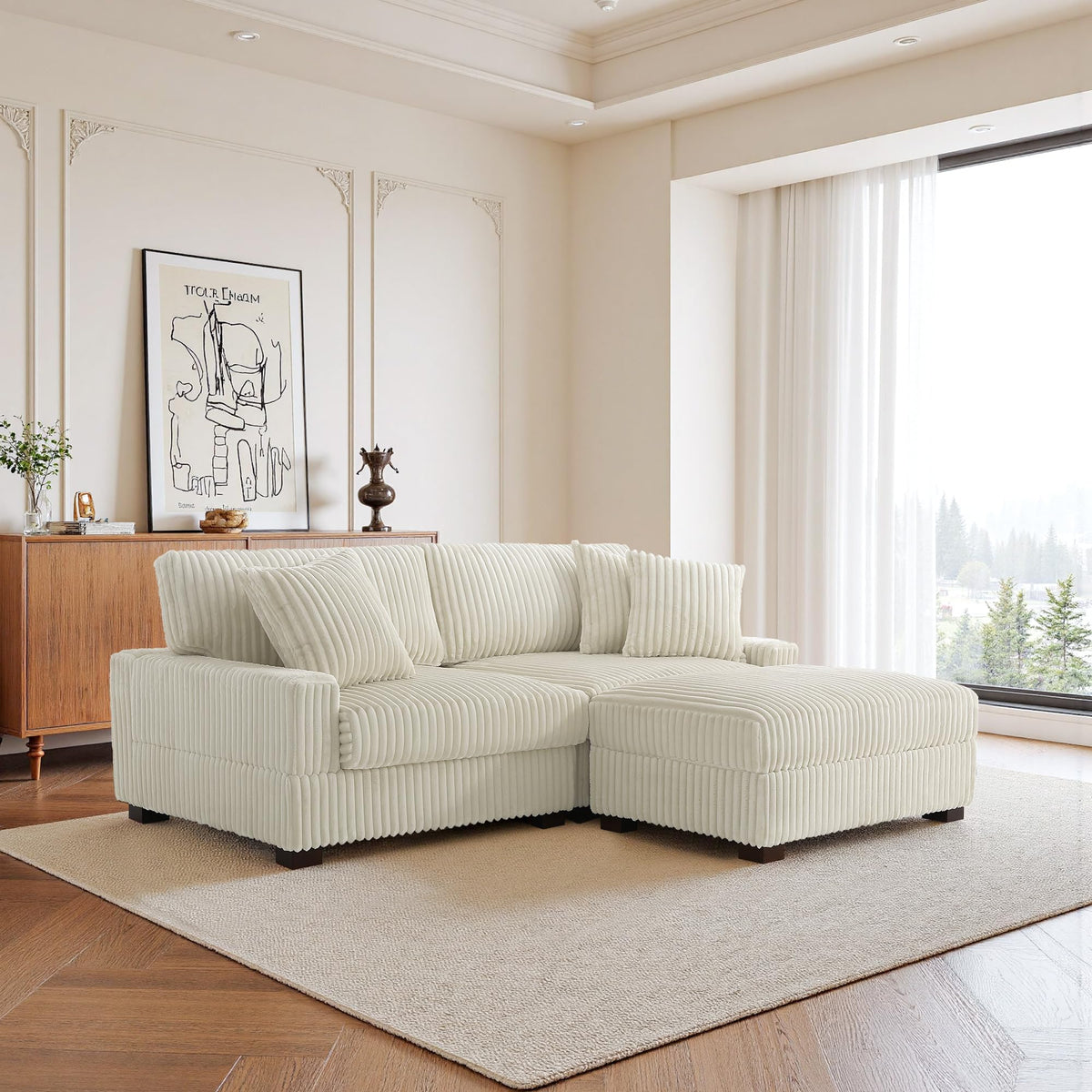 118.3" L-Shaped Modular Sectional Sofa with Chaise, Comfy Corduroy Fluffy Couch with Deep Seat, Flexible Module Combination for Living Room, Cotton Flannel Light Brown