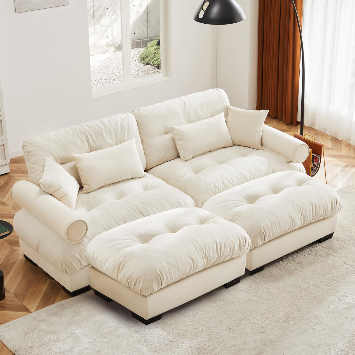 130" Modular Sectional Sofa,Velvet Upholstered Couches for Living Room,3 Seater Green Sofa Couch with Movable Ottoman,Big Comfy Loveseat Sofa with Deep Seats for Living Room,Apartment,Bedroom