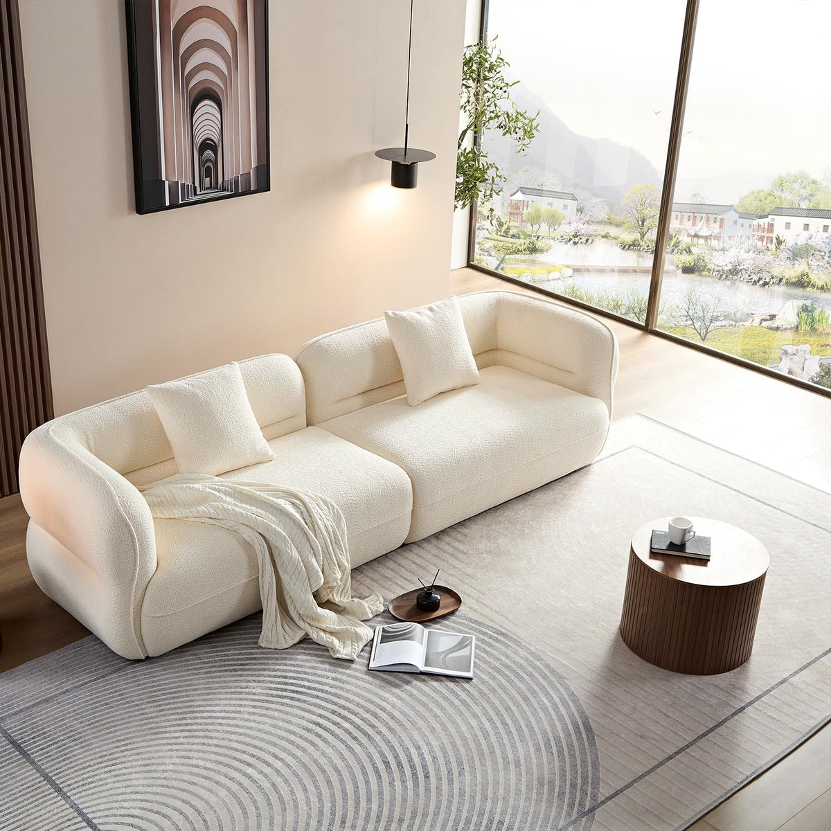 110" Modern Curved Sofa, 3-Seater Comfy Boucle Sofa Couch, Luxury Comfortable Sofas, Modular Sectional Couches for Living Room Home Office Apartment (Beige)