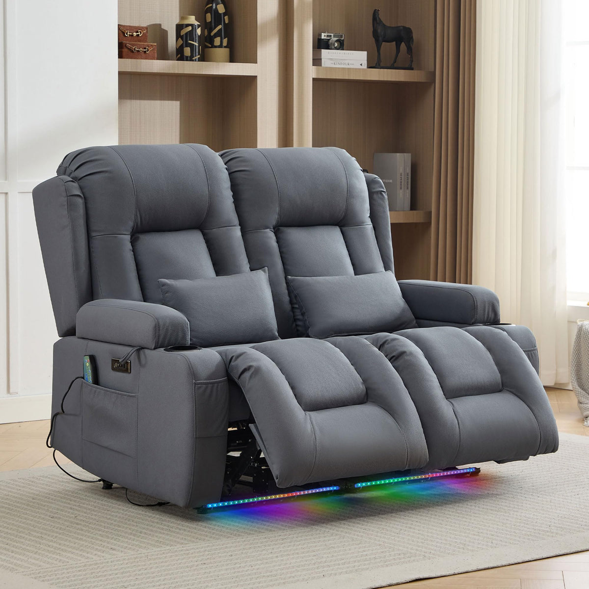 TUNYI Wall Hugger Loveseat Recliner Sofa with Console, Power Reclining Loveseat RV Couch with Massage & Heat/USB/Outlet/Storage/LED Light/Speaker (Blue, 2 Seat with Console)