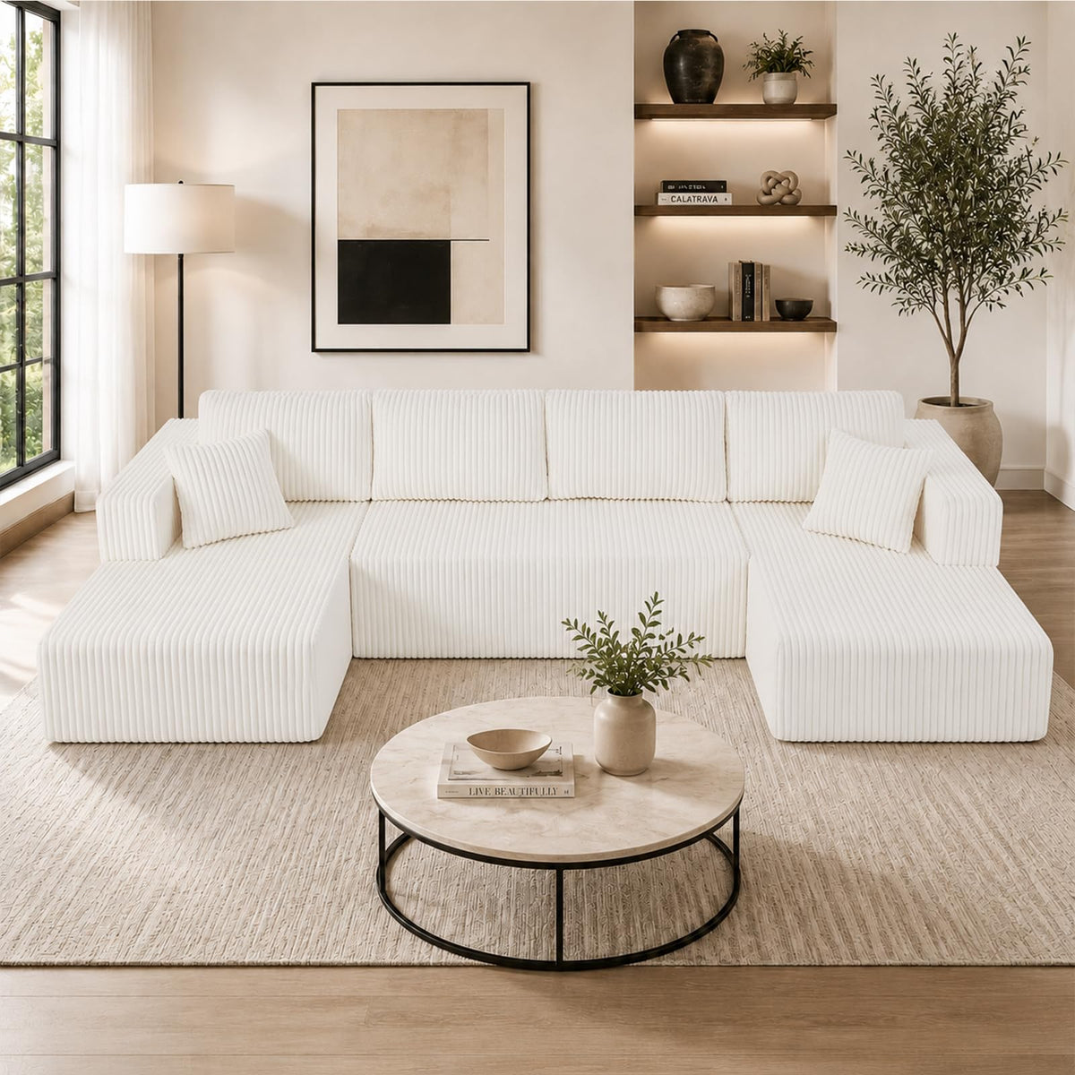 THSUPER Beige 134'' Oversized U Shaped Sectional Boneless Couches